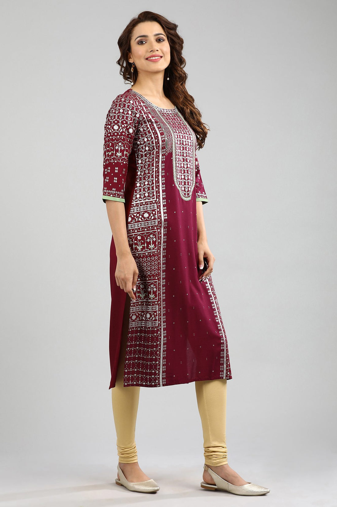 Pink Round Neck Printed kurta