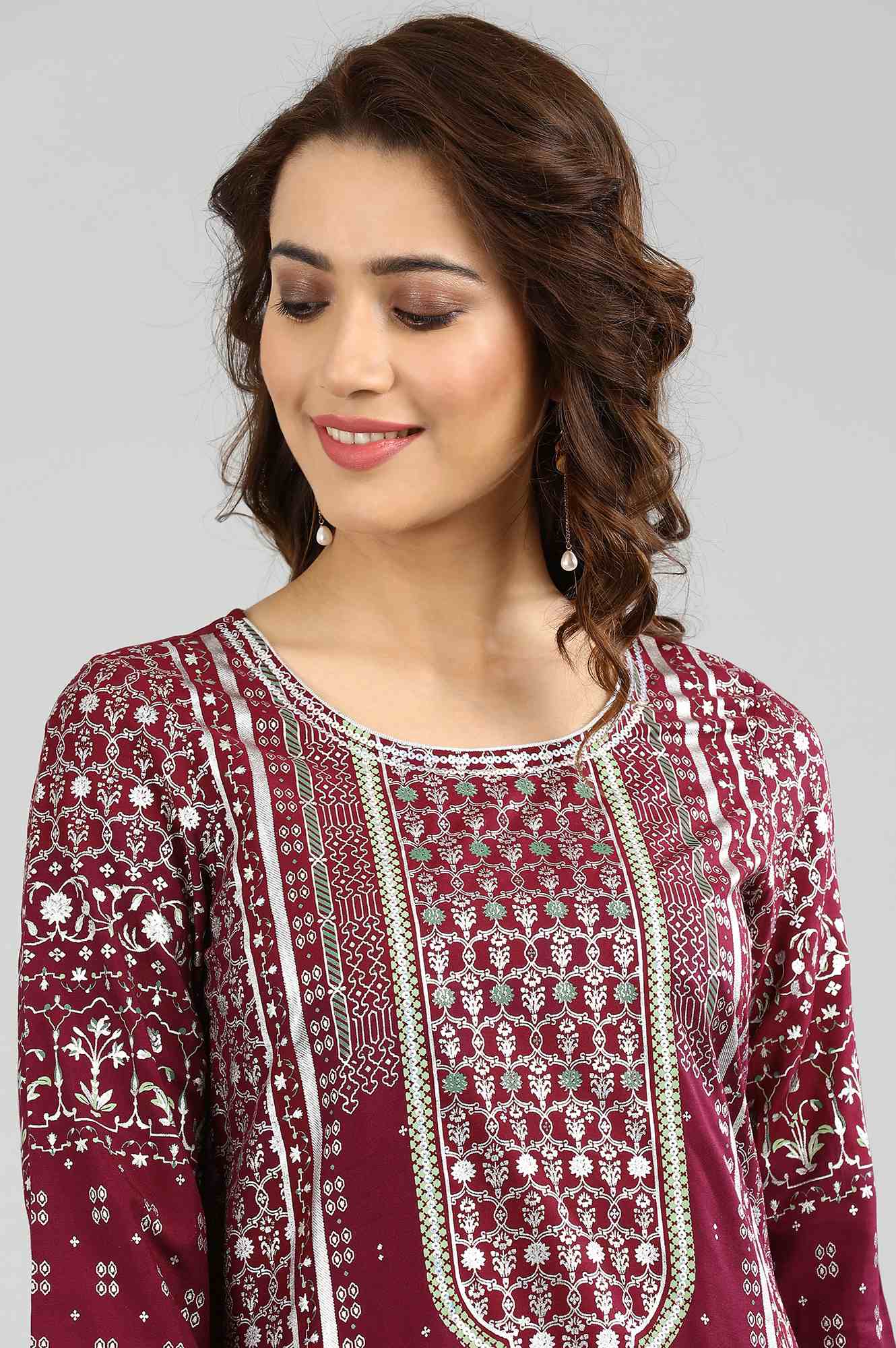 Pink Round Neck Printed kurta