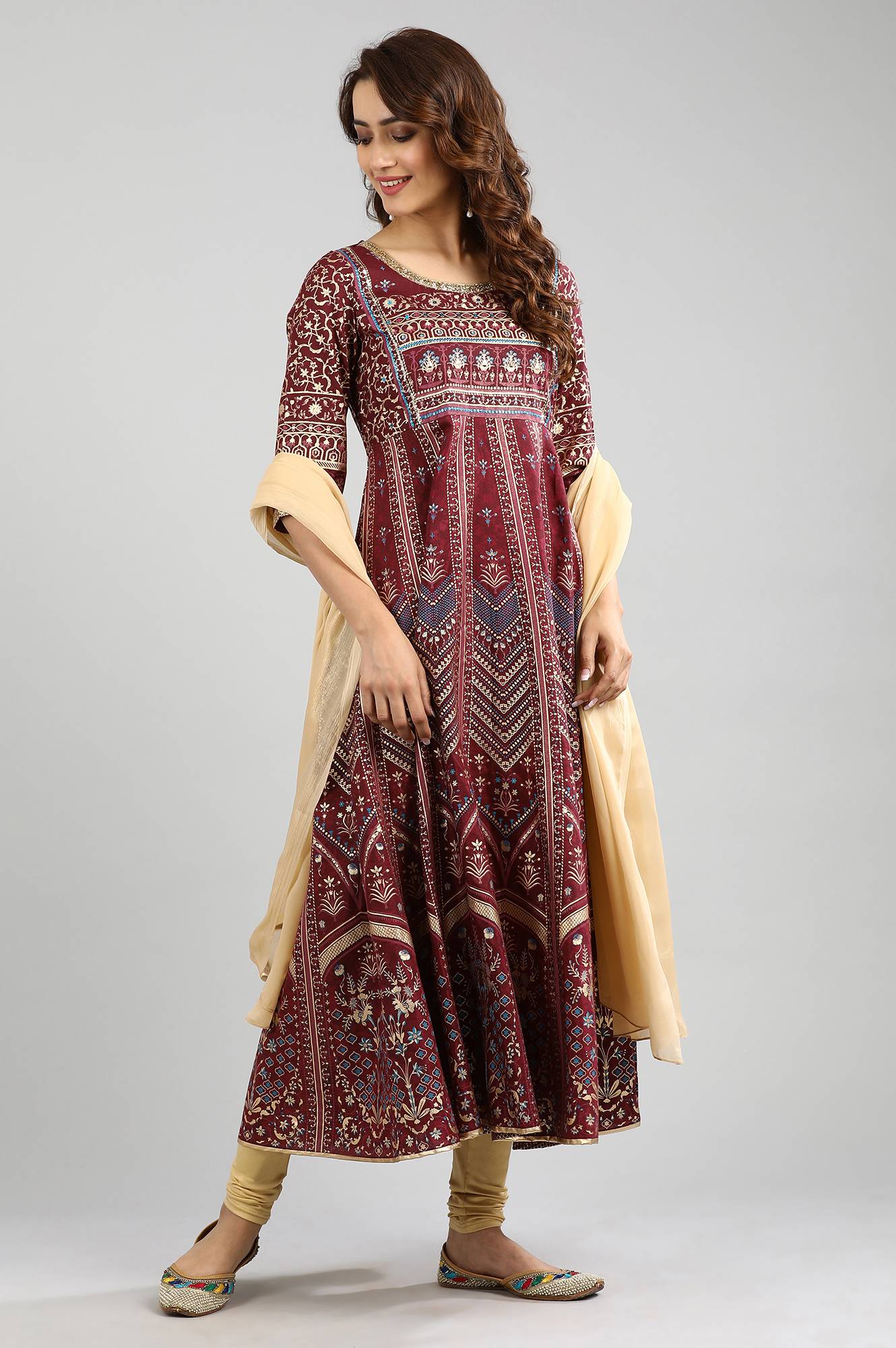 Red Round Neck Printed kurta