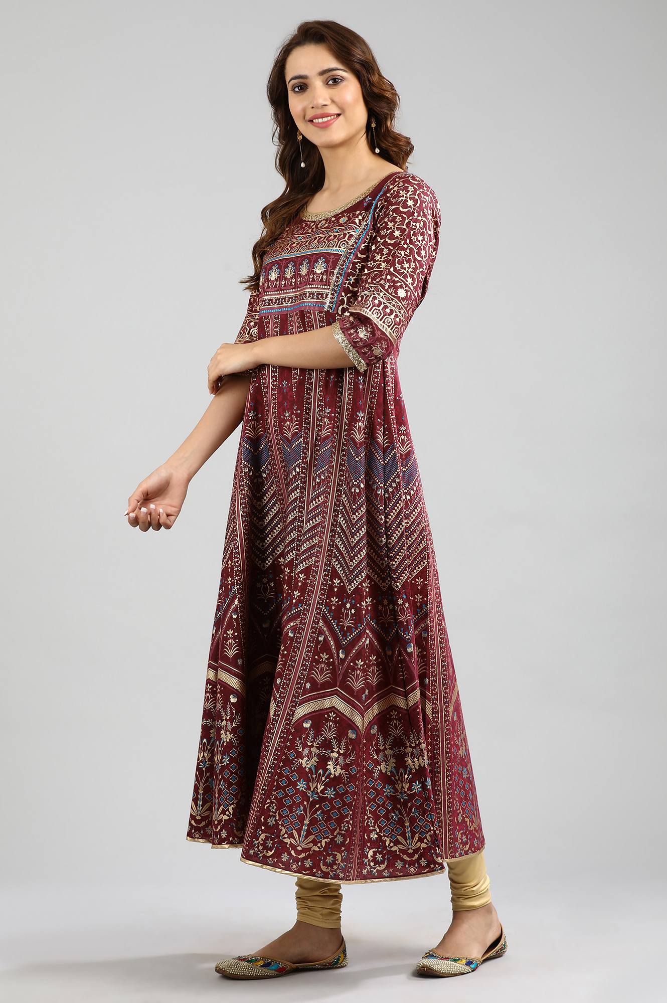 Red Round Neck Printed kurta