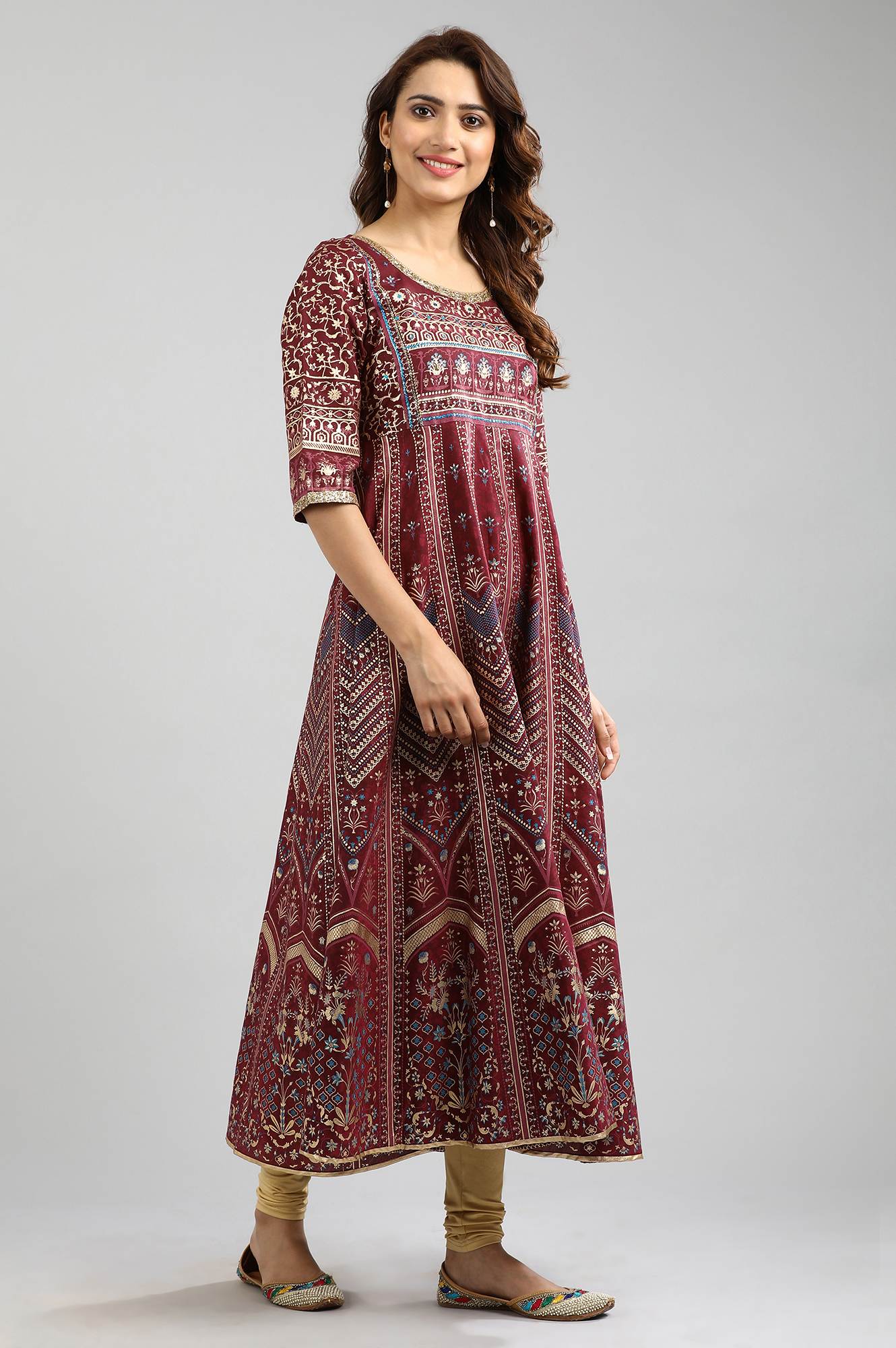 Red Round Neck Printed kurta