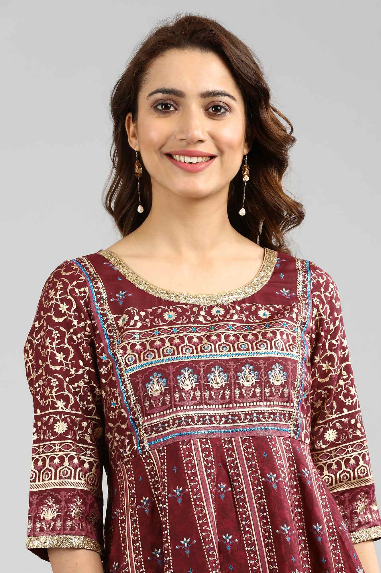 Red Round Neck Printed kurta