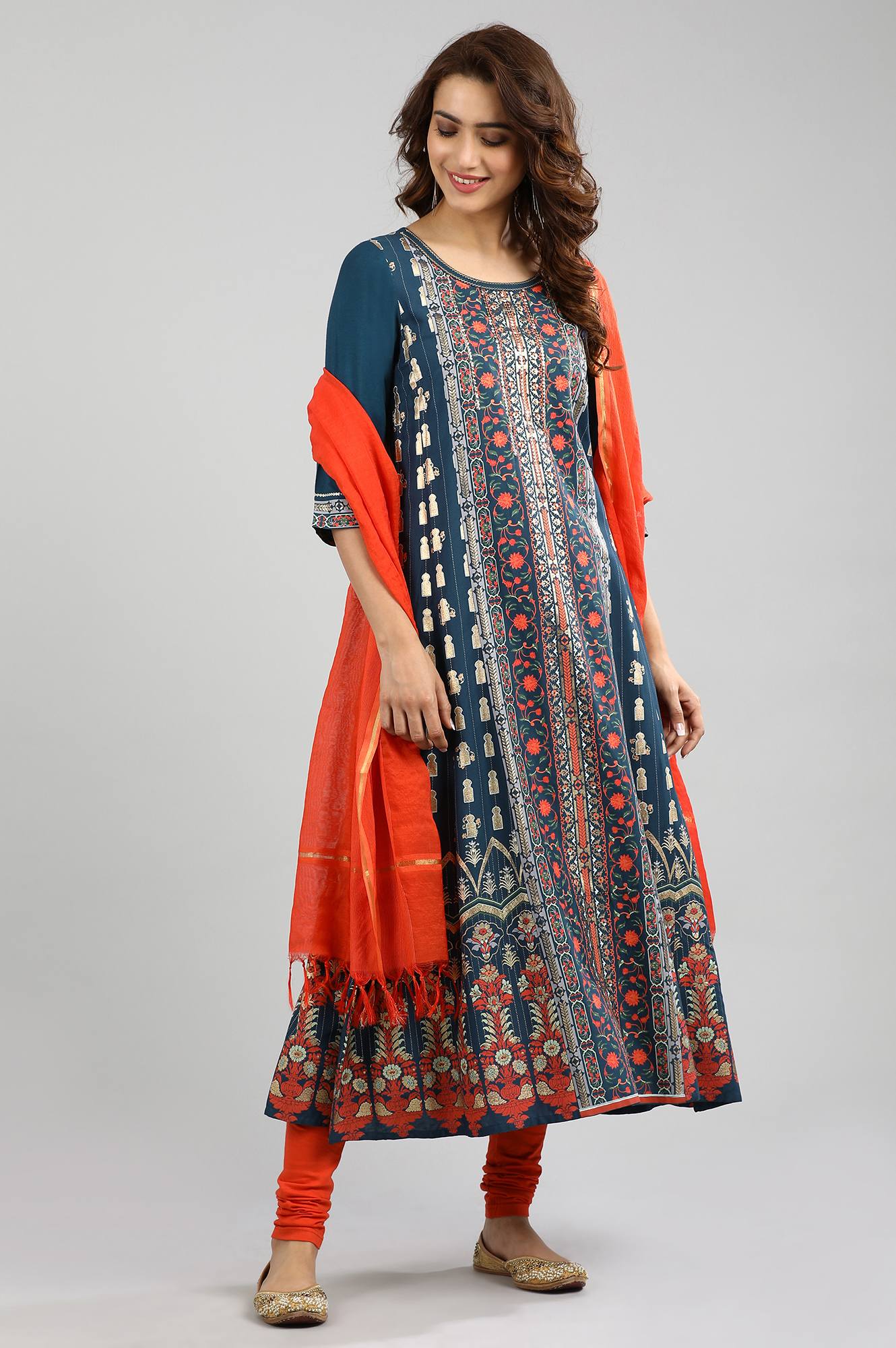 Blue Round Neck Printed kurta