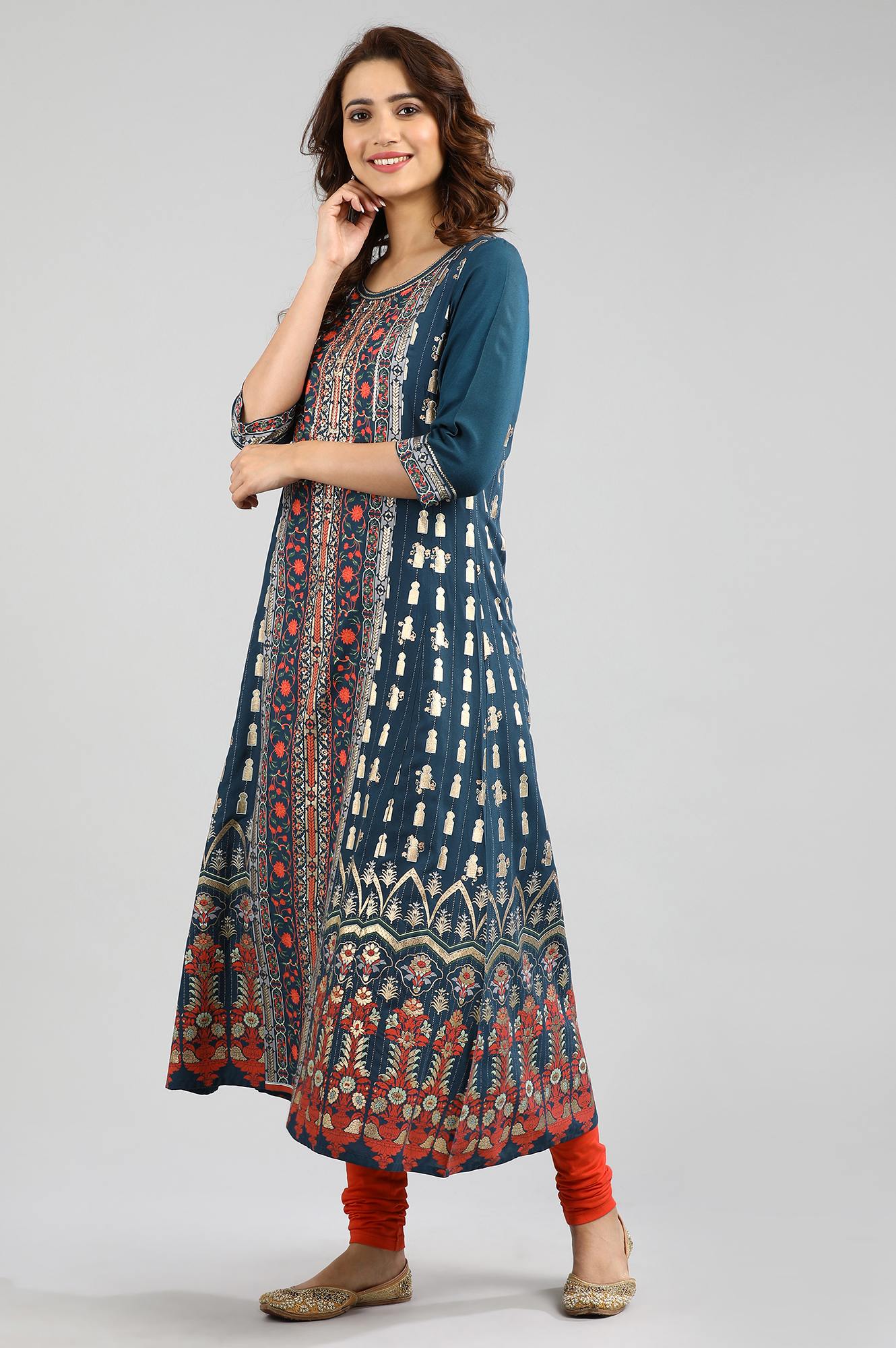 Blue Round Neck Printed kurta