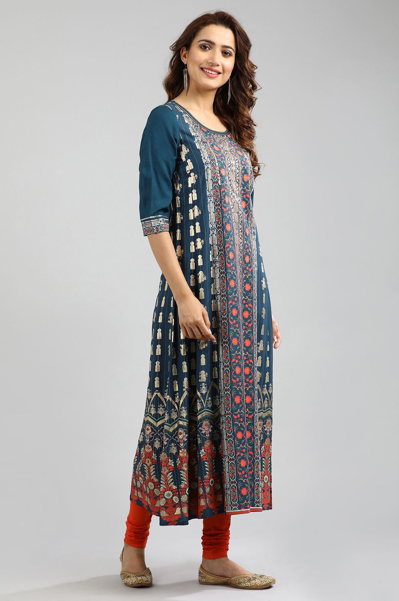 Blue Round Neck Printed kurta