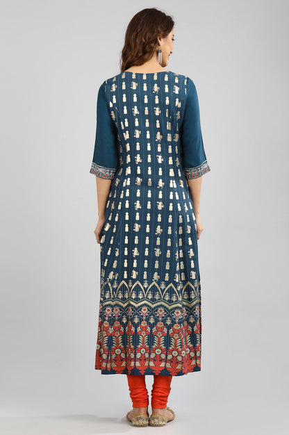 Blue Round Neck Printed kurta