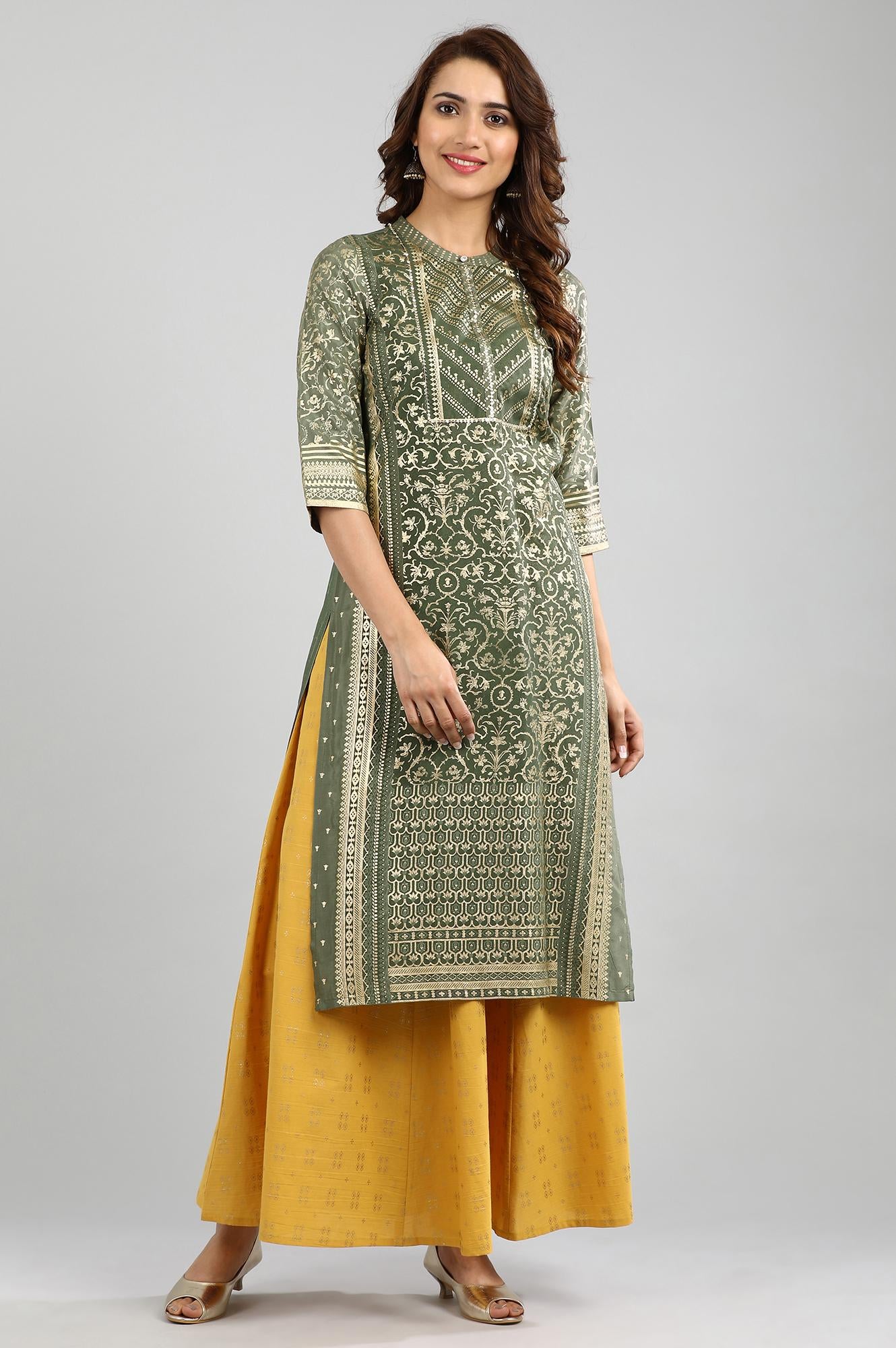 Green Band Collar Printed kurta