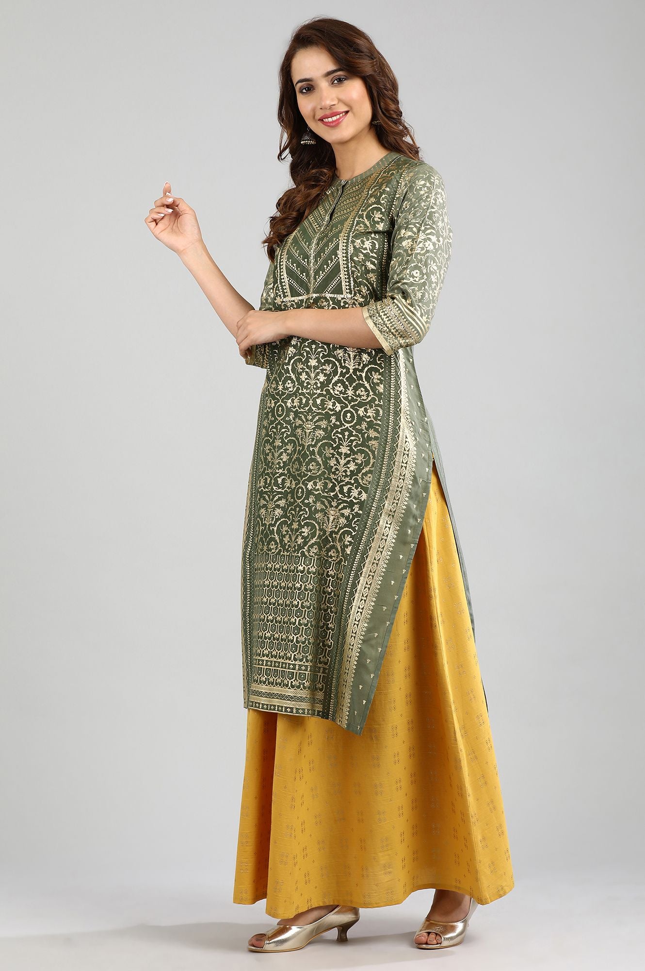 Green Band Collar Printed kurta