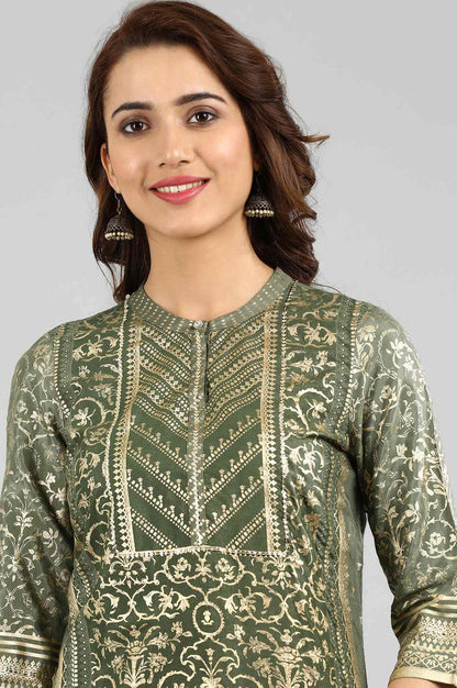 Green Band Collar Printed kurta