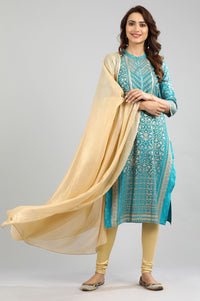 Blue Band Collar Printed kurta