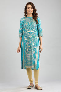 Blue Band Collar Printed kurta
