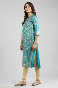 Blue Band Collar Printed kurta