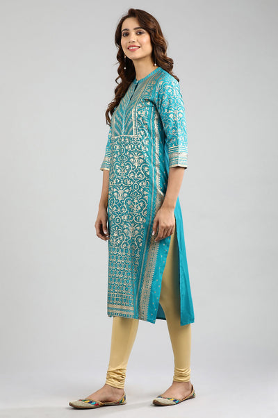 Blue Band Collar Printed kurta