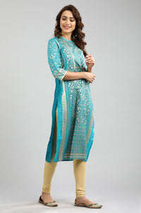 Blue Band Collar Printed kurta
