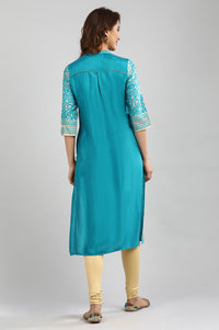 Blue Band Collar Printed kurta