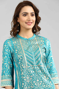 Blue Band Collar Printed kurta