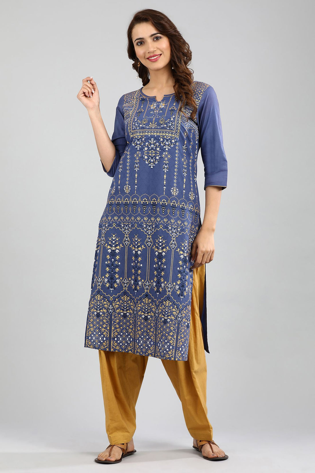 Blue Round Neck Printed kurta