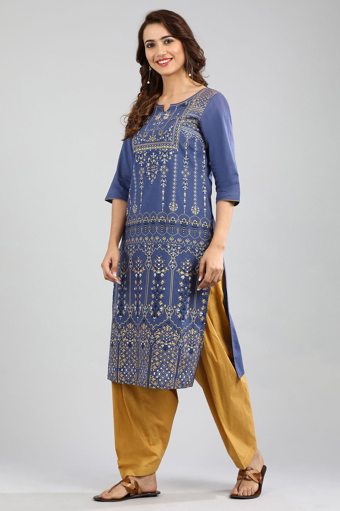 Blue Round Neck Printed kurta