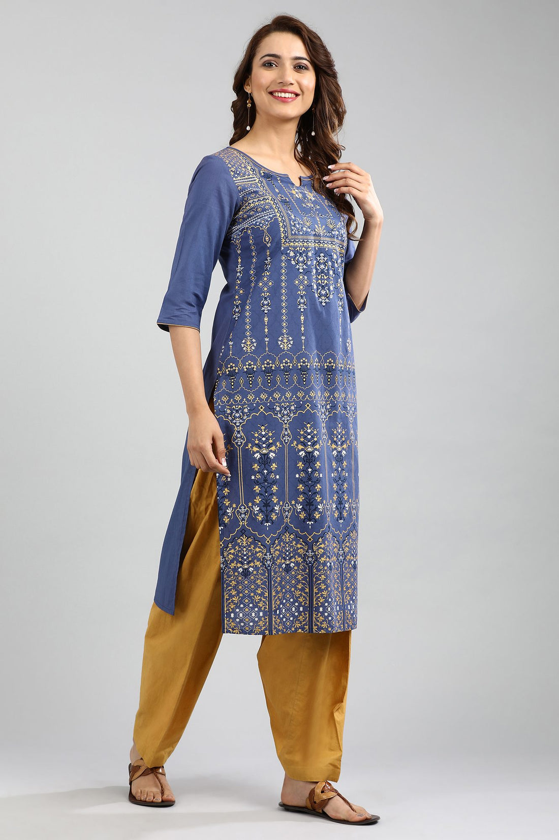 Blue Round Neck Printed kurta