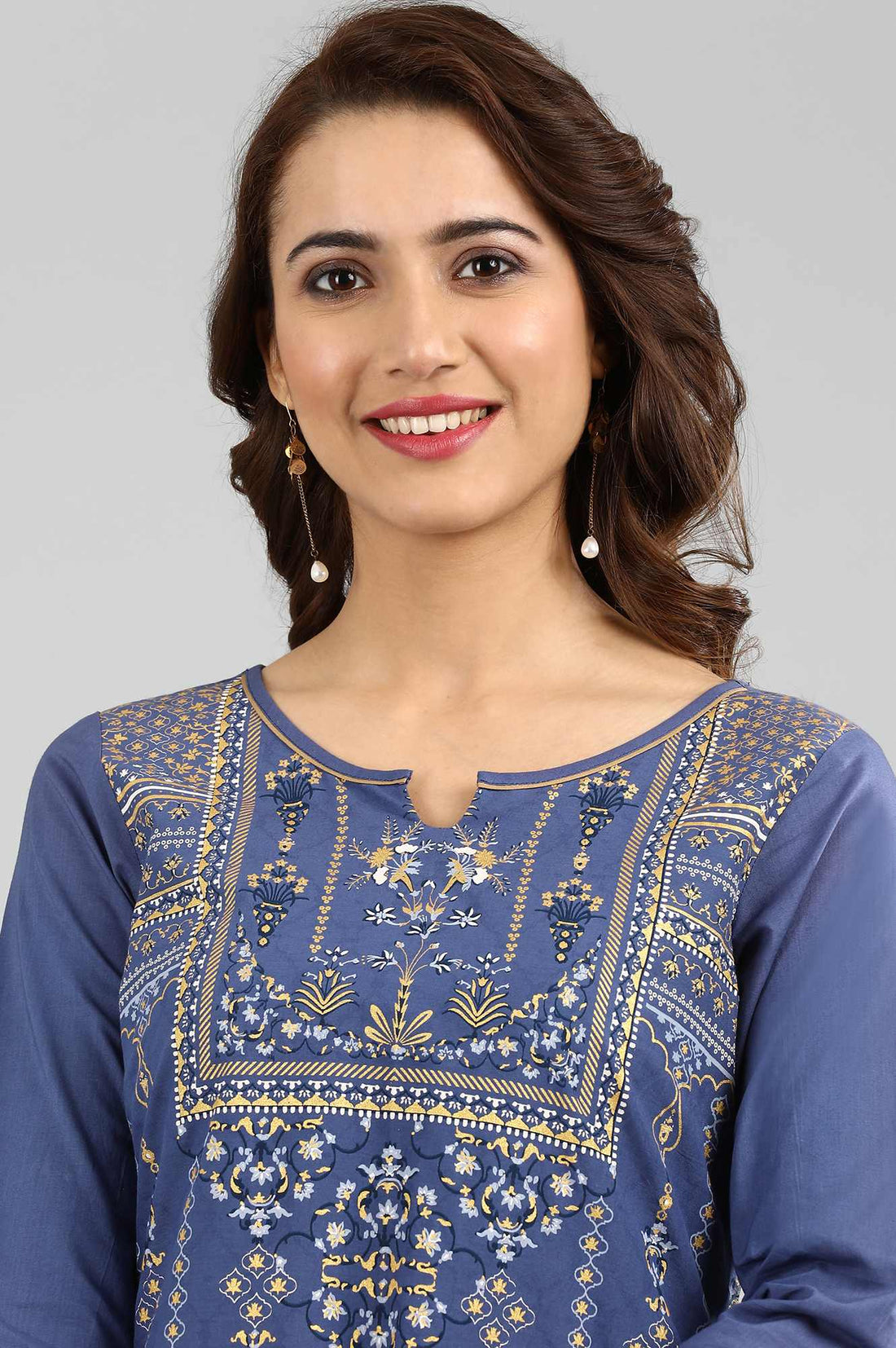 Blue Round Neck Printed kurta