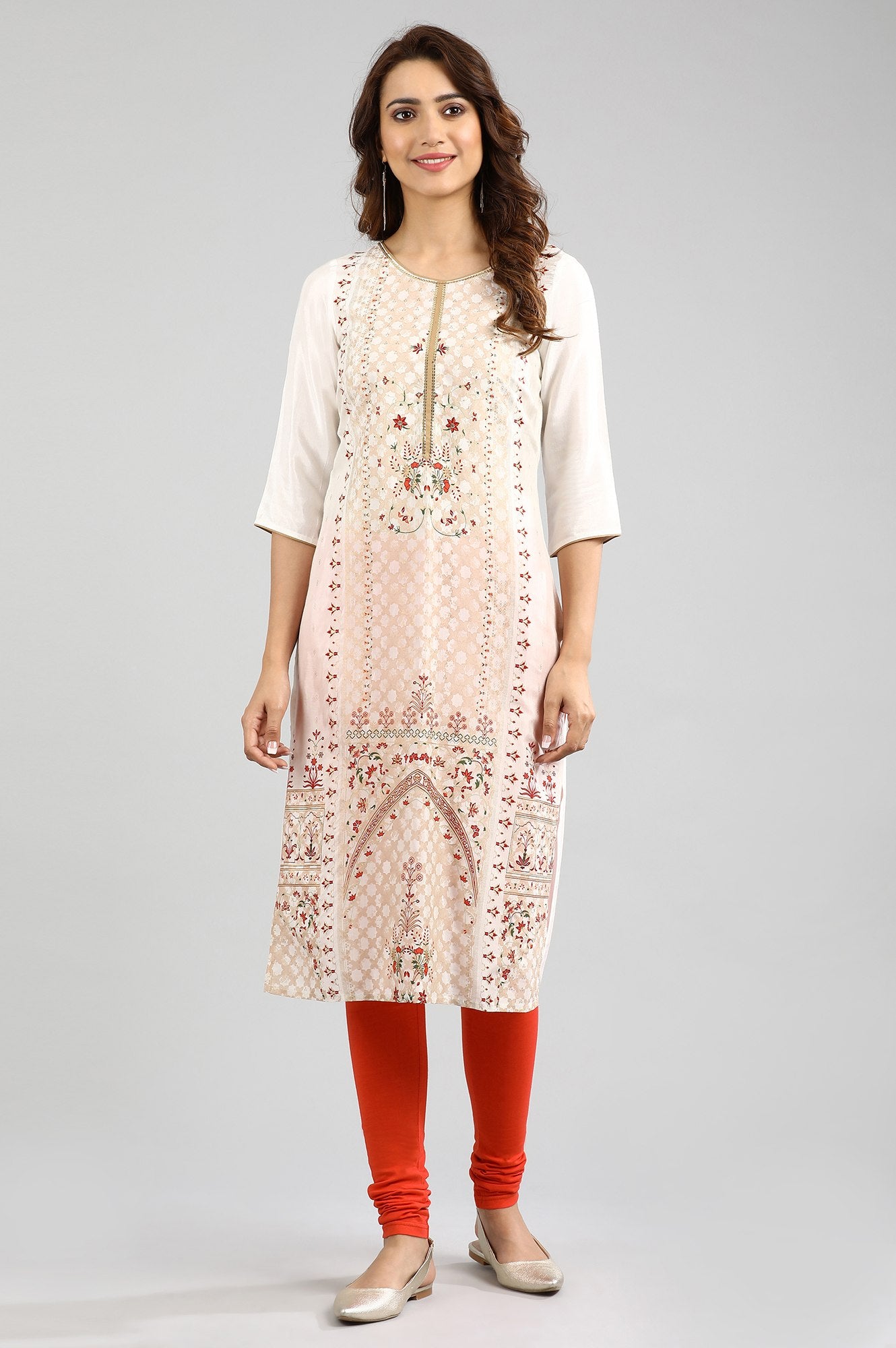 White Round Neck Printed kurta