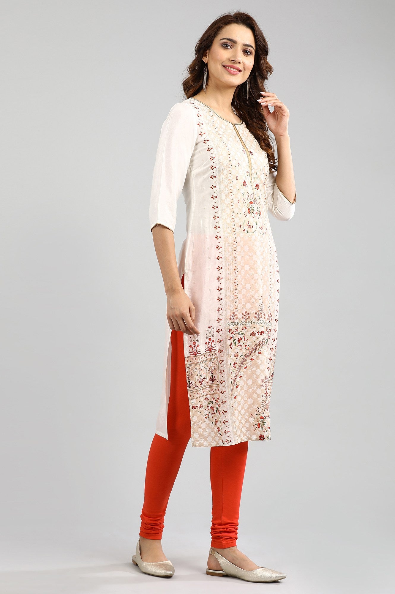 White Round Neck Printed kurta