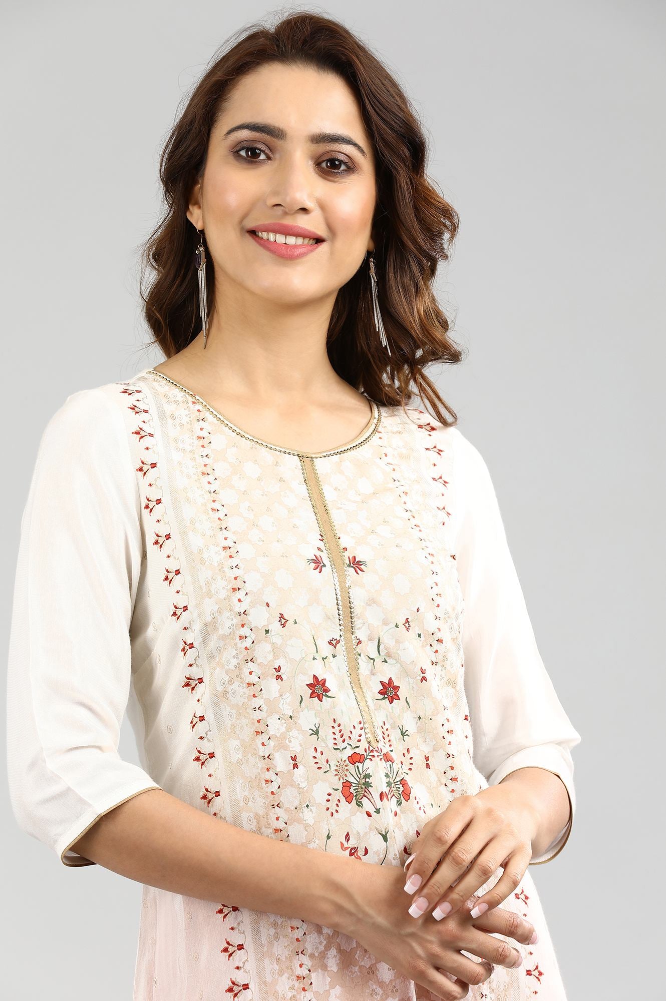 White Round Neck Printed kurta