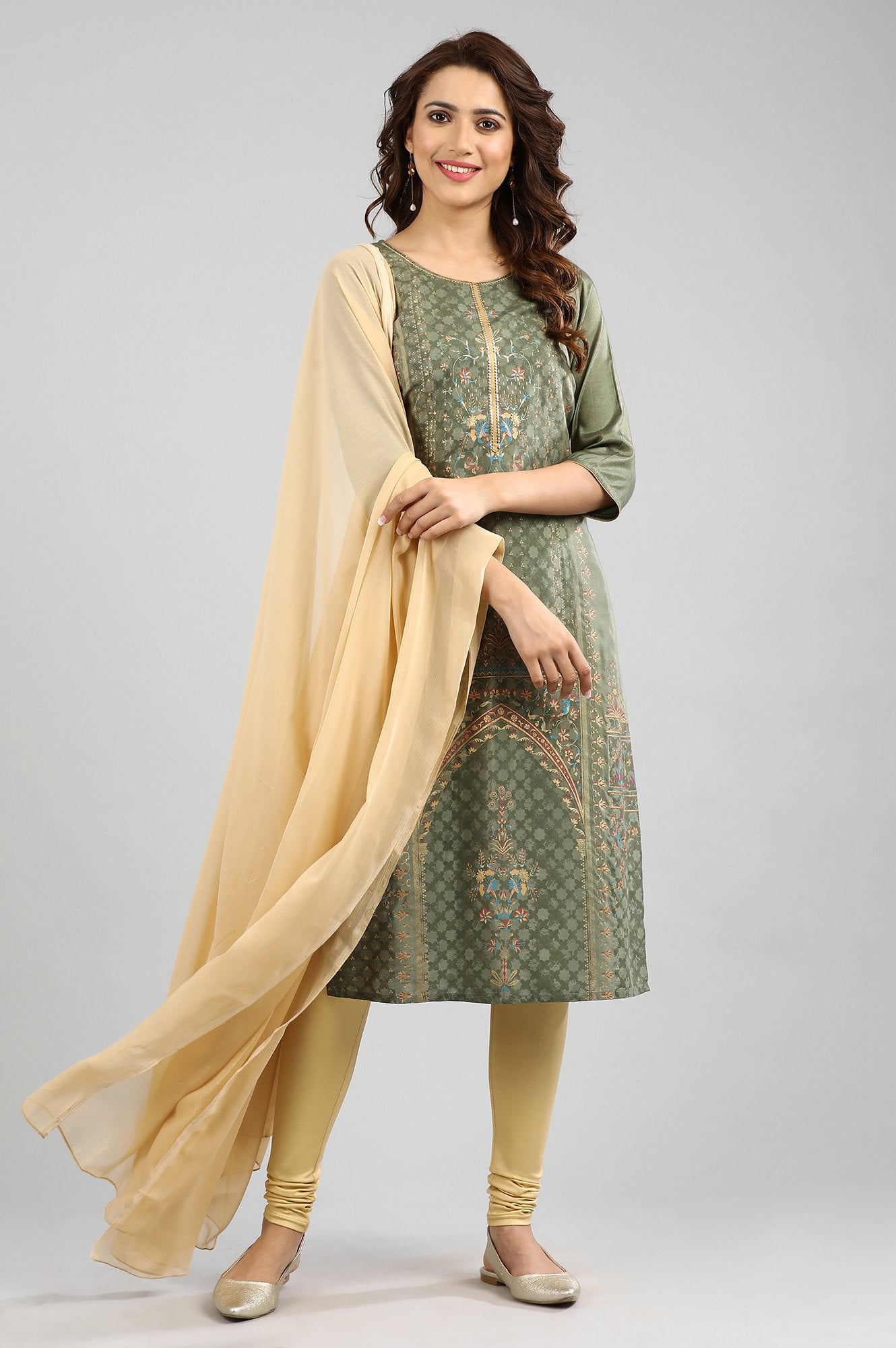 Green Round Neck Printed kurta