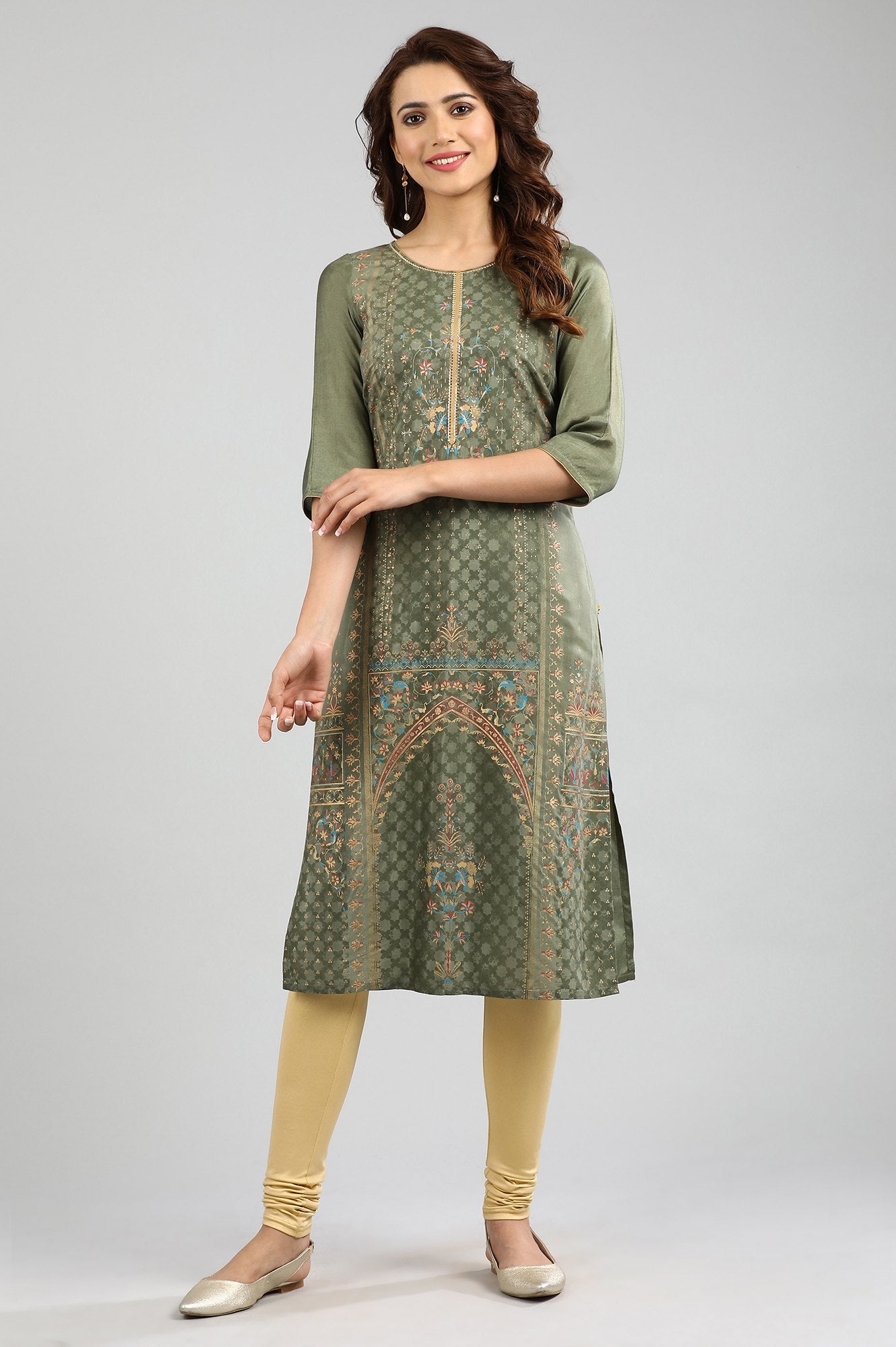 Green Round Neck Printed kurta