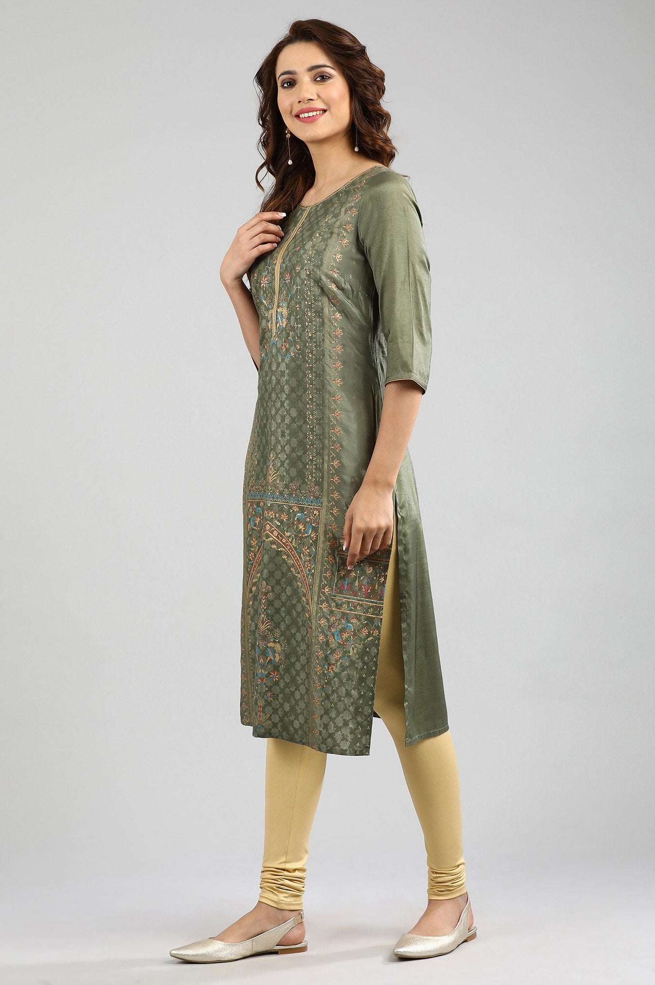 Green Round Neck Printed kurta