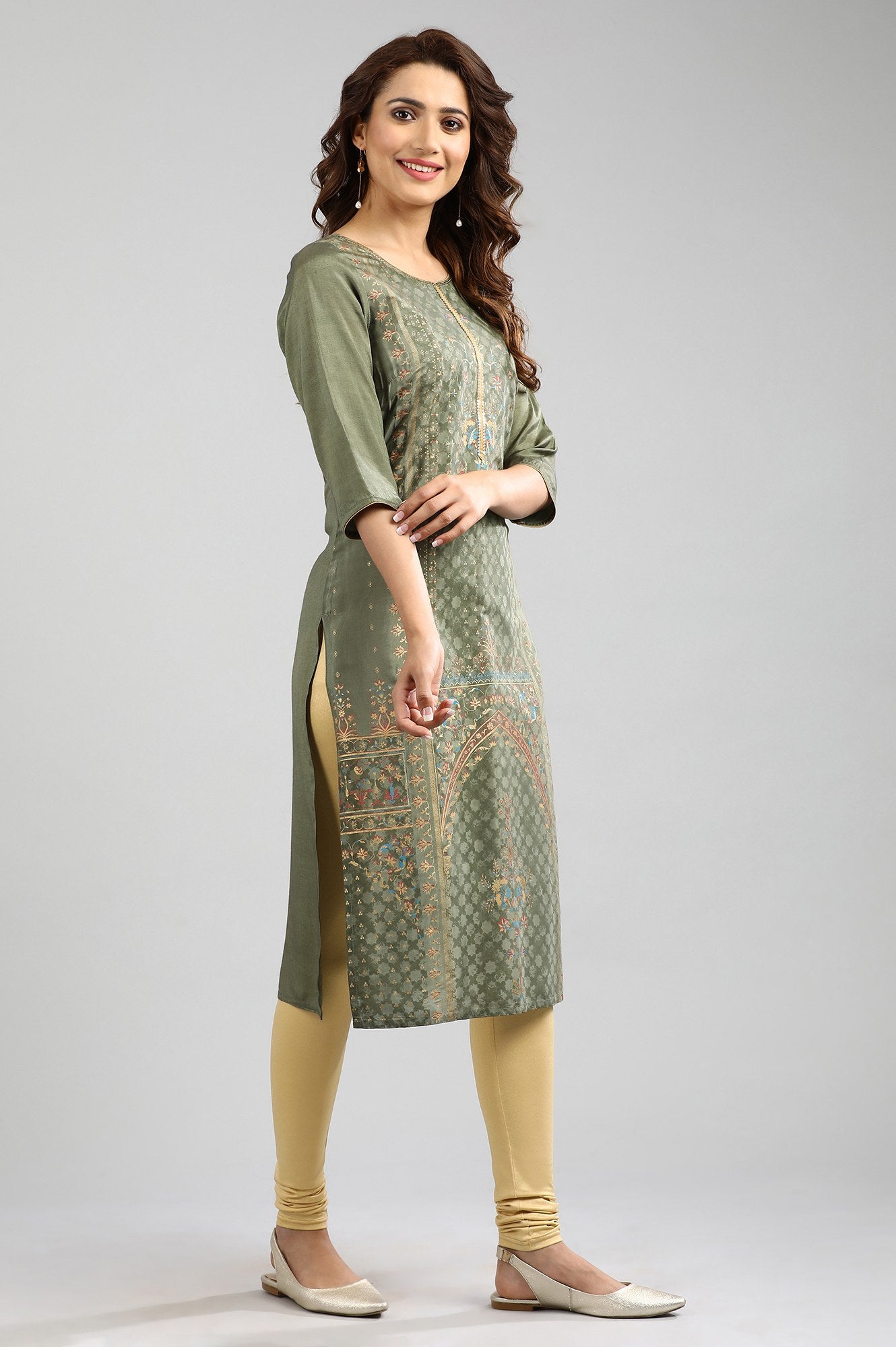 Green Round Neck Printed kurta