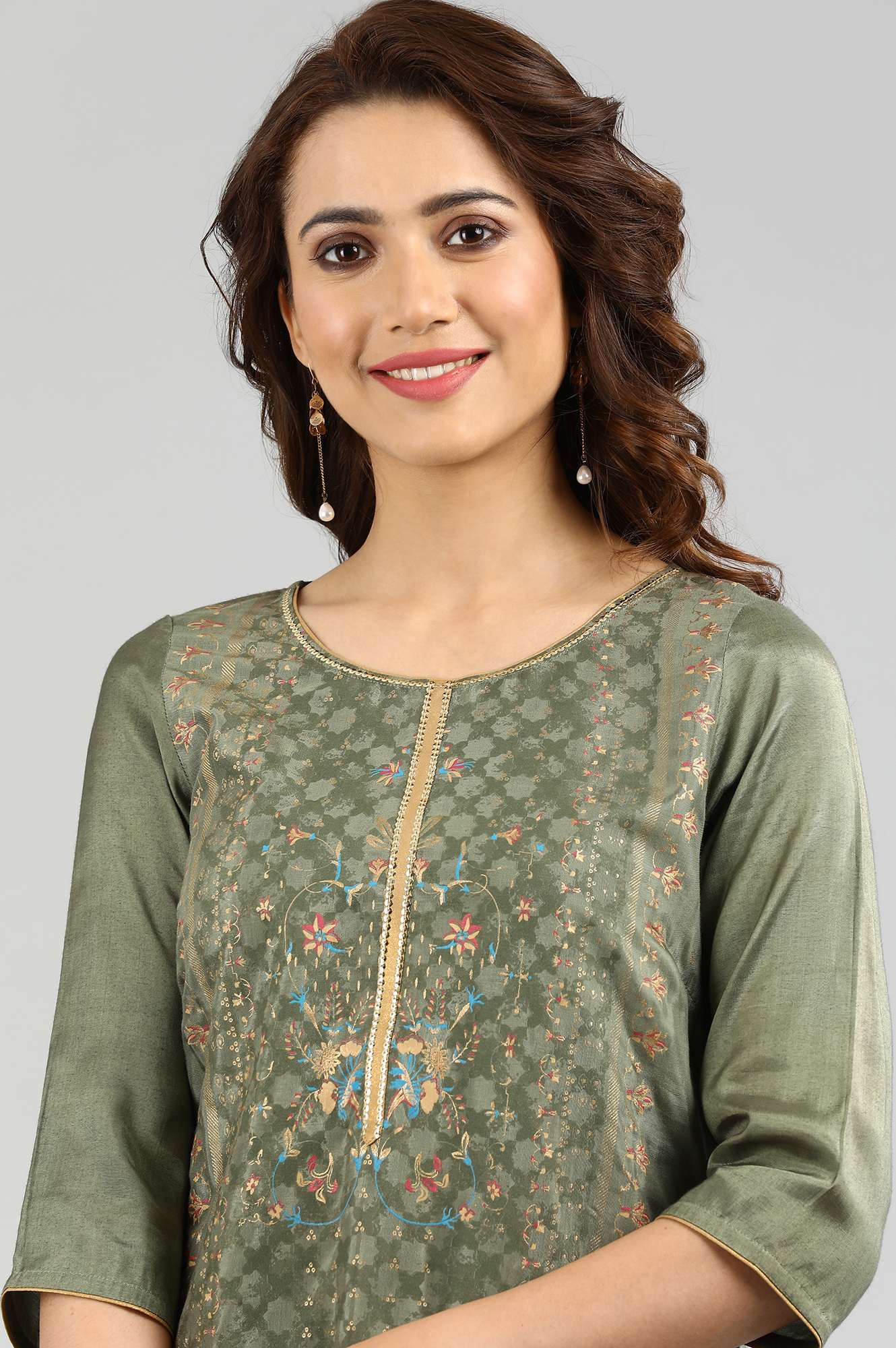 Green Round Neck Printed kurta