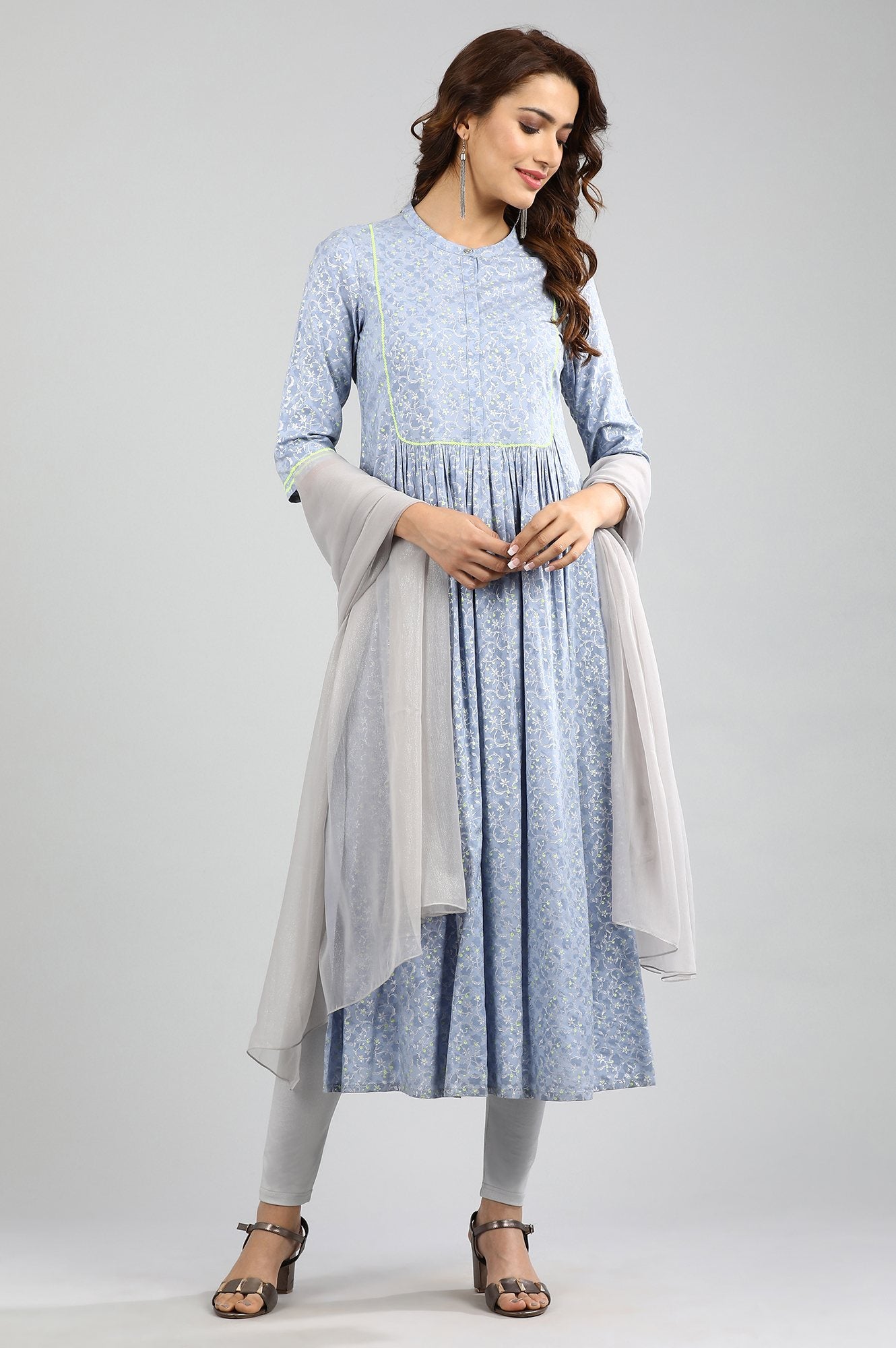 Blue Band Collar Printed kurta