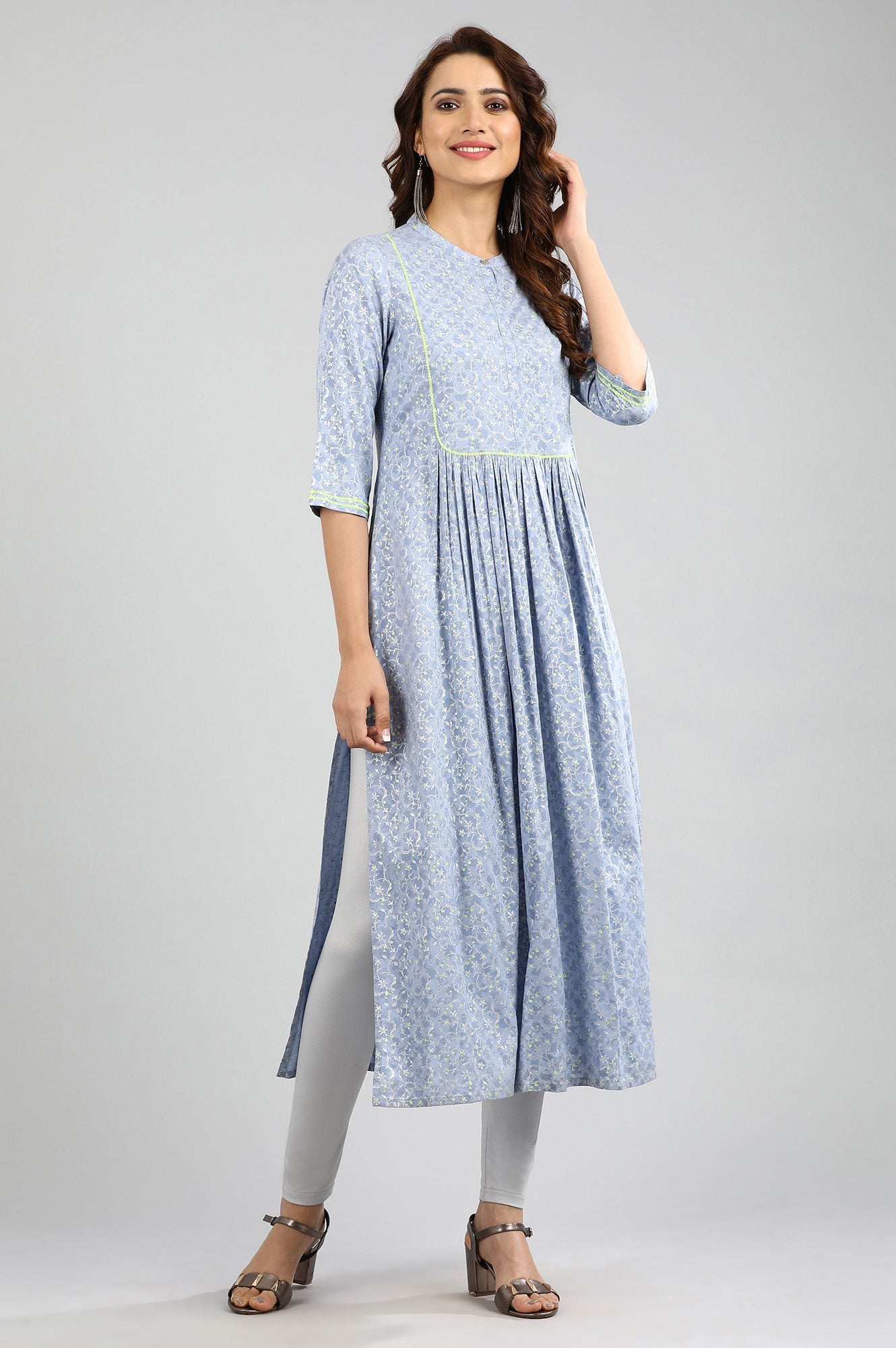 Blue Band Collar Printed kurta