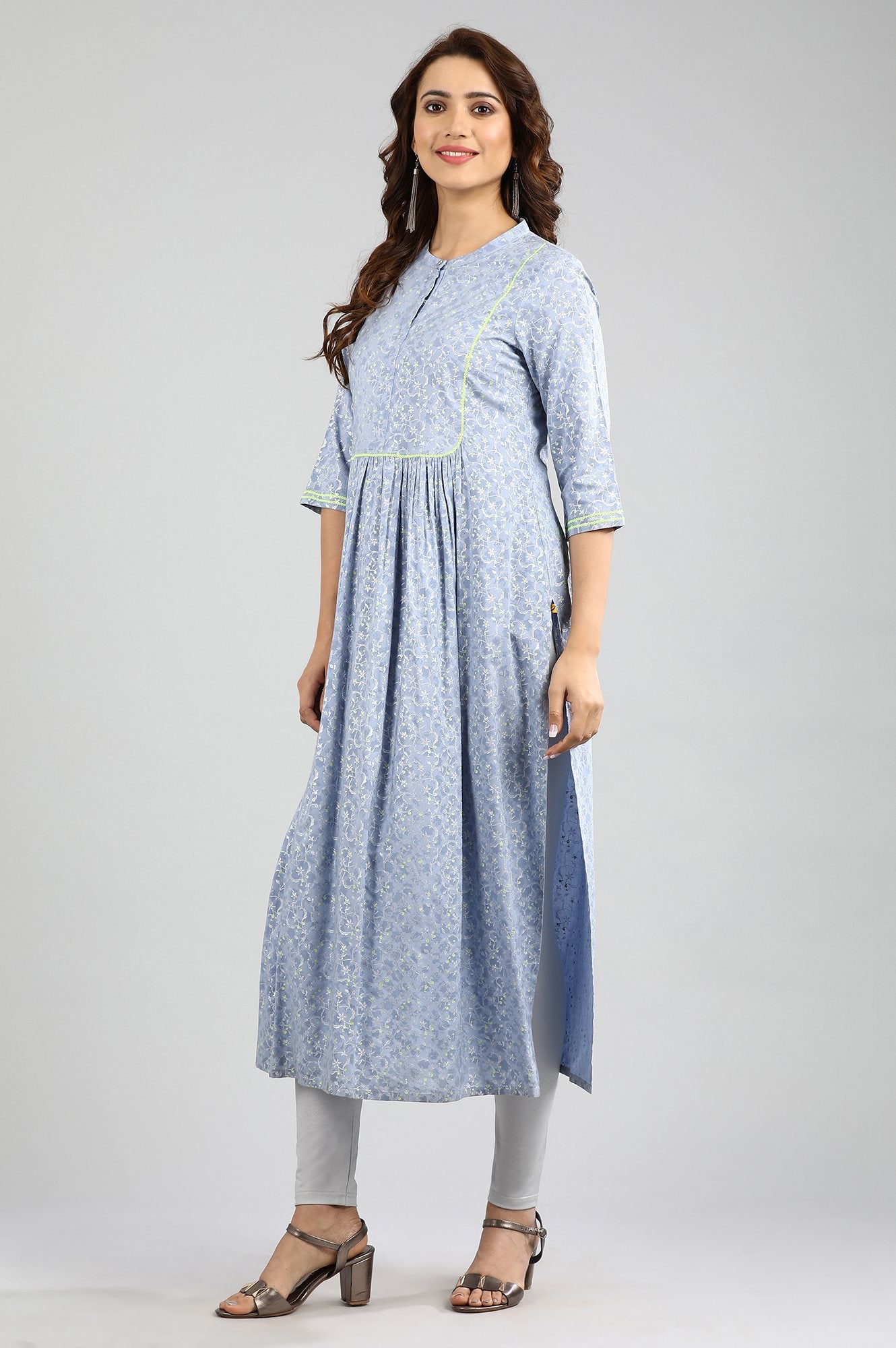 Blue Band Collar Printed kurta