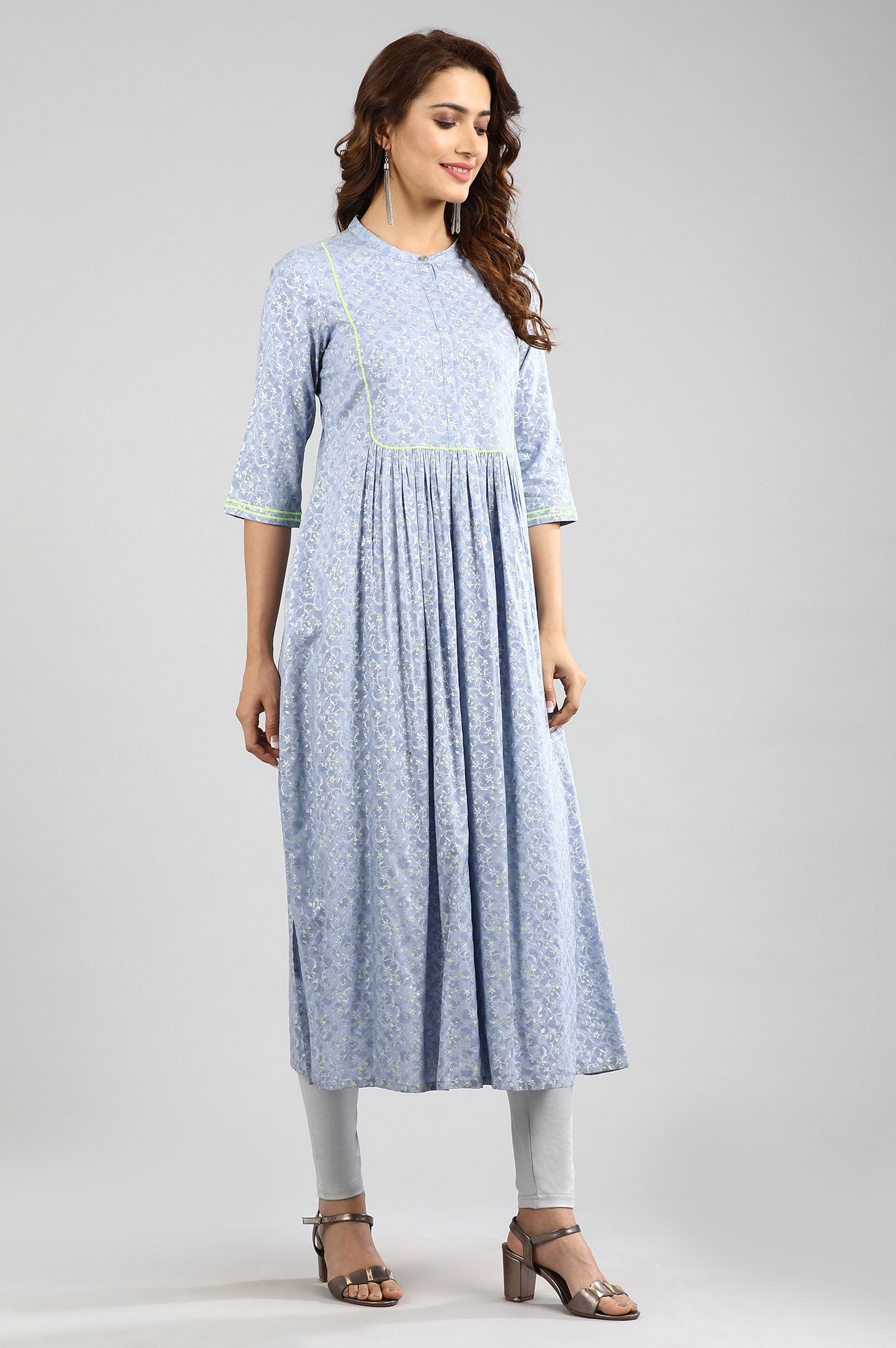 Blue Band Collar Printed kurta