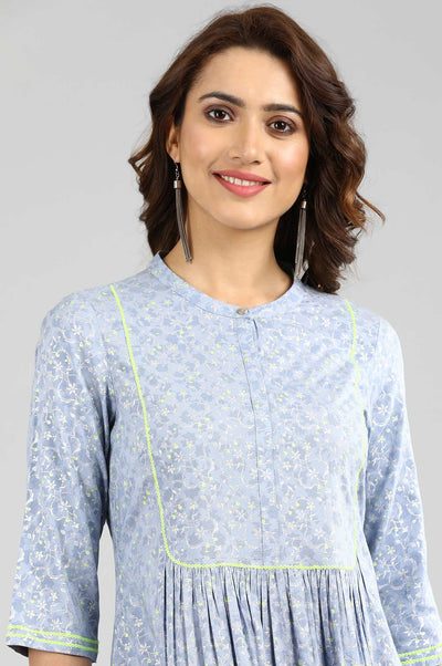 Blue Band Collar Printed kurta