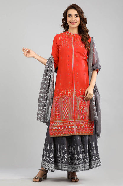 Red Band Collar Printed kurta