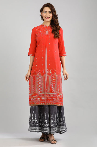 Red Band Collar Printed kurta