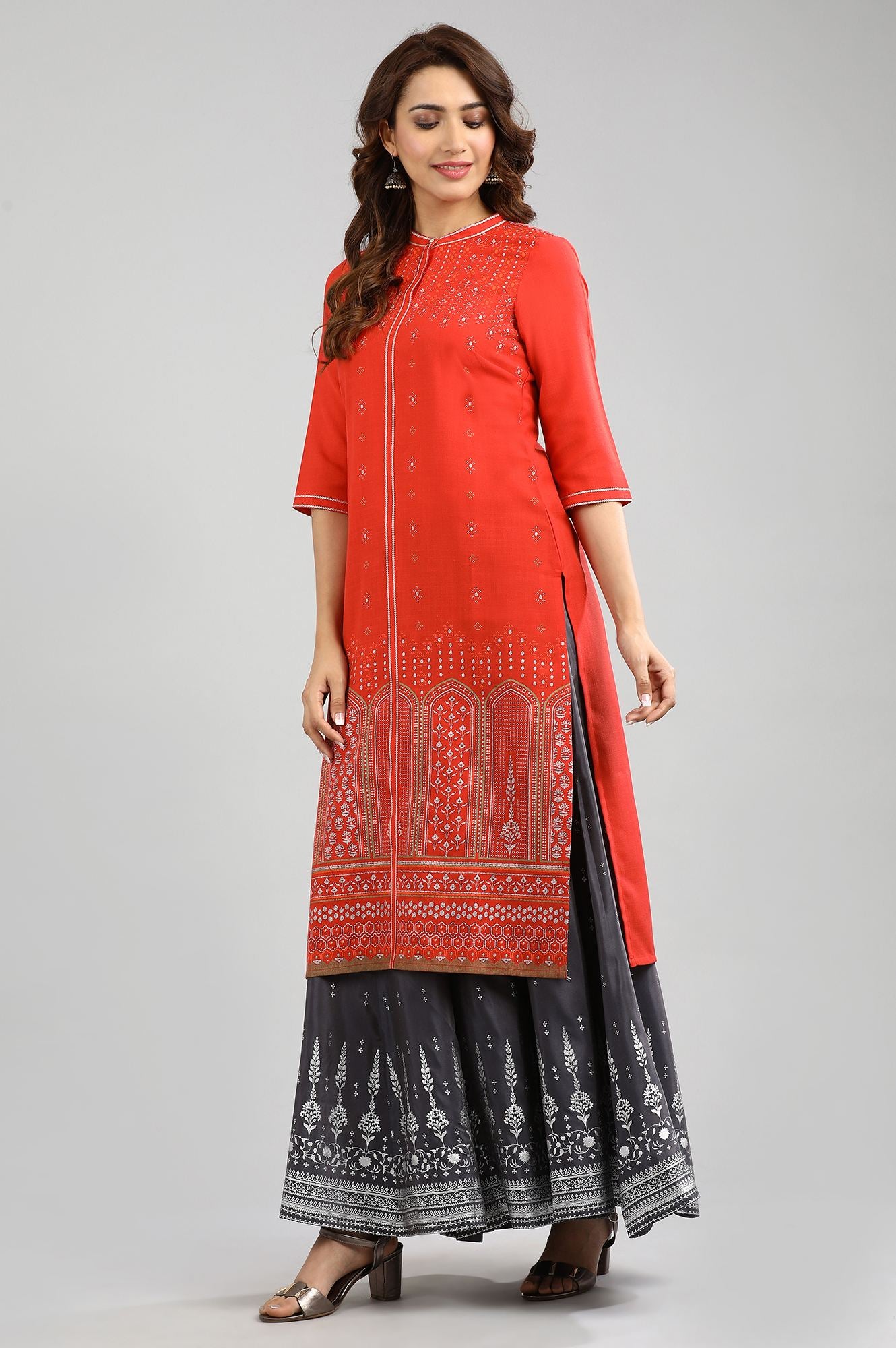 Red Band Collar Printed kurta