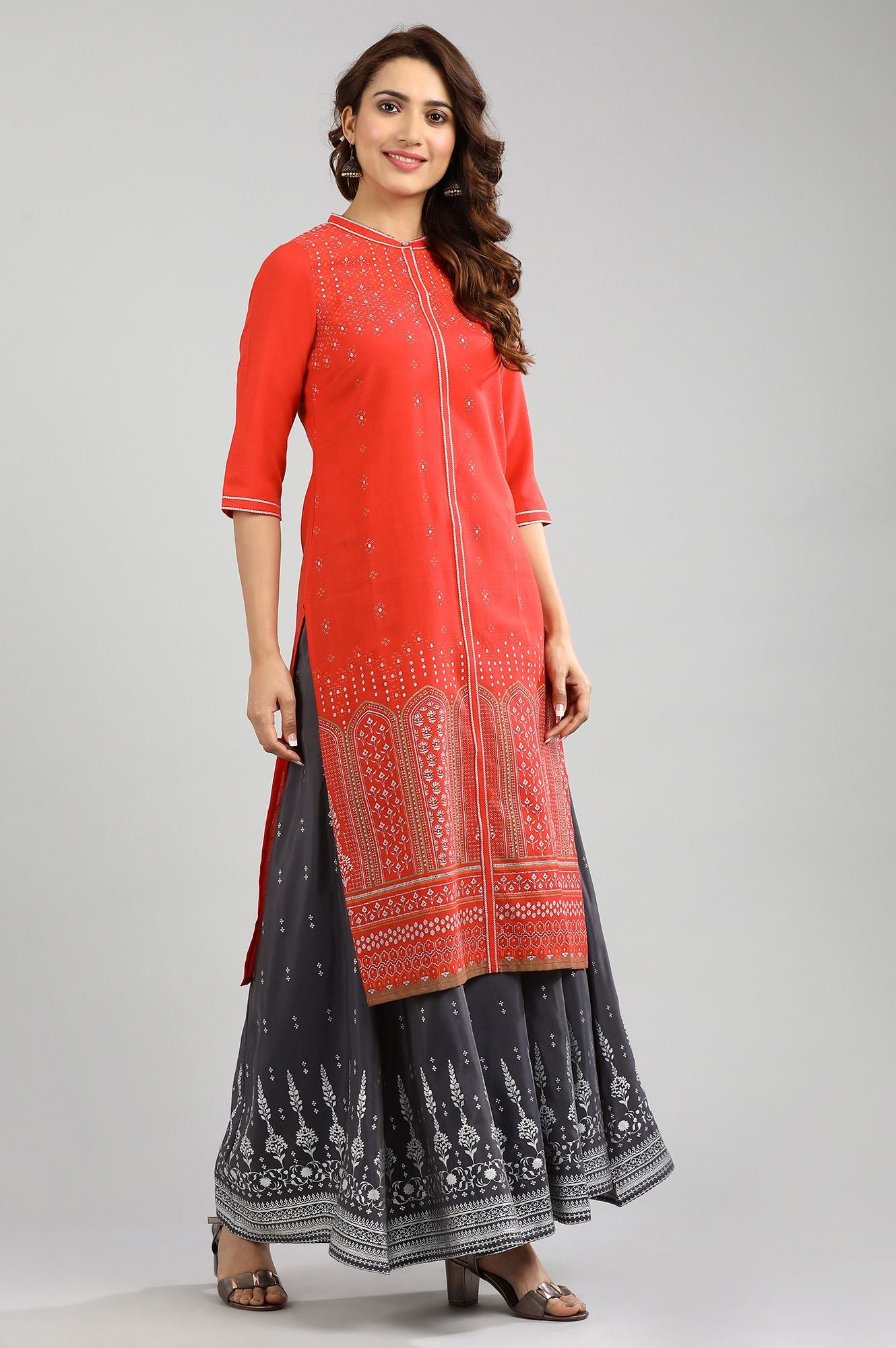 Red Band Collar Printed kurta