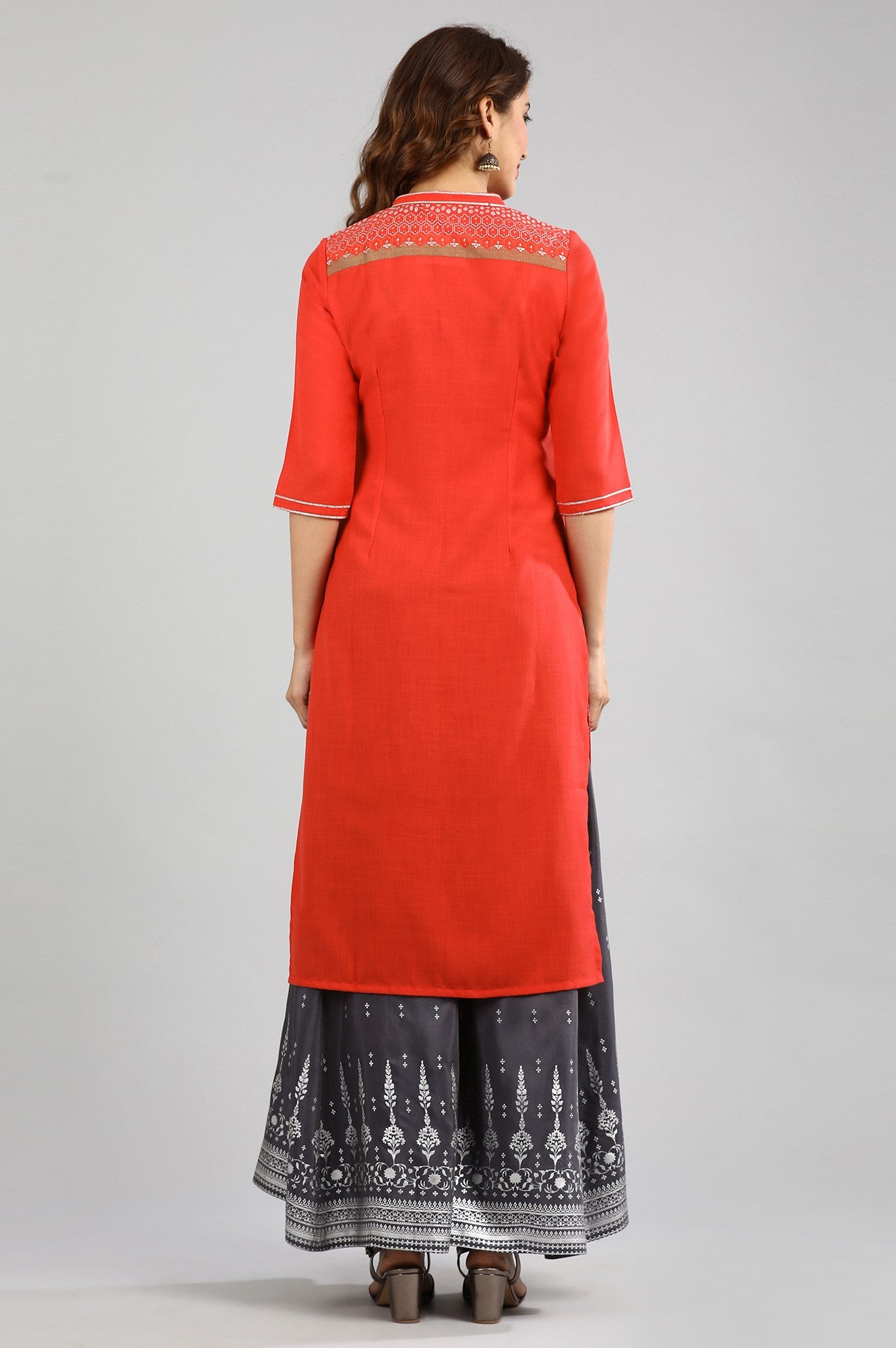 Red Band Collar Printed kurta