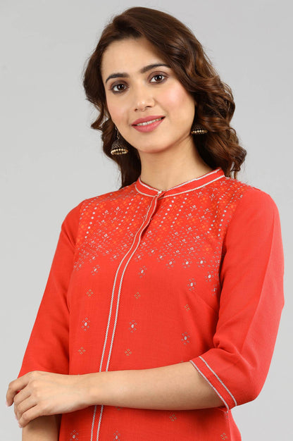 Red Band Collar Printed kurta