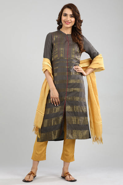 Grey Band Collar Yarn-dyed kurta