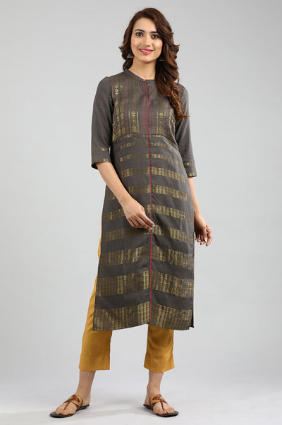 Grey Band Collar Yarn-dyed kurta