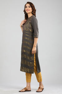 Grey Band Collar Yarn-dyed kurta