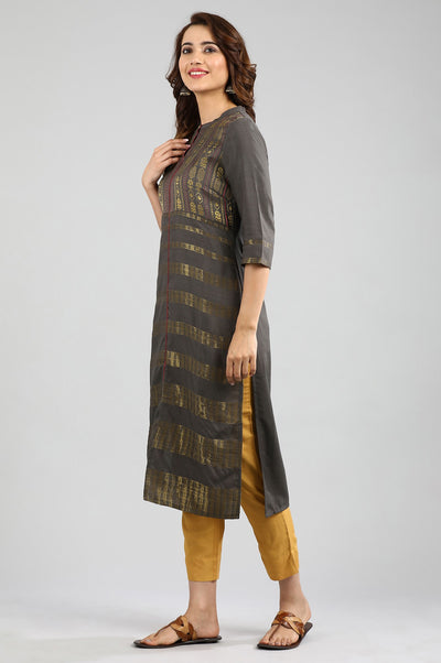 Grey Band Collar Yarn-dyed kurta