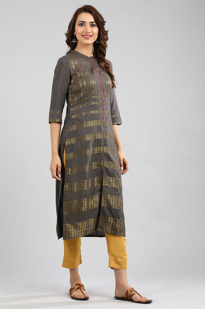 Grey Band Collar Yarn-dyed kurta