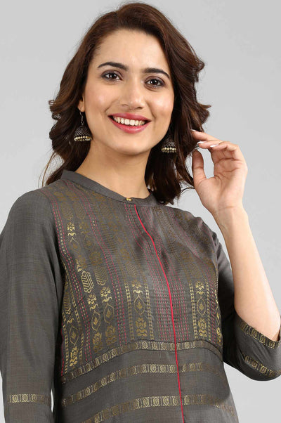 Grey Band Collar Yarn-dyed kurta