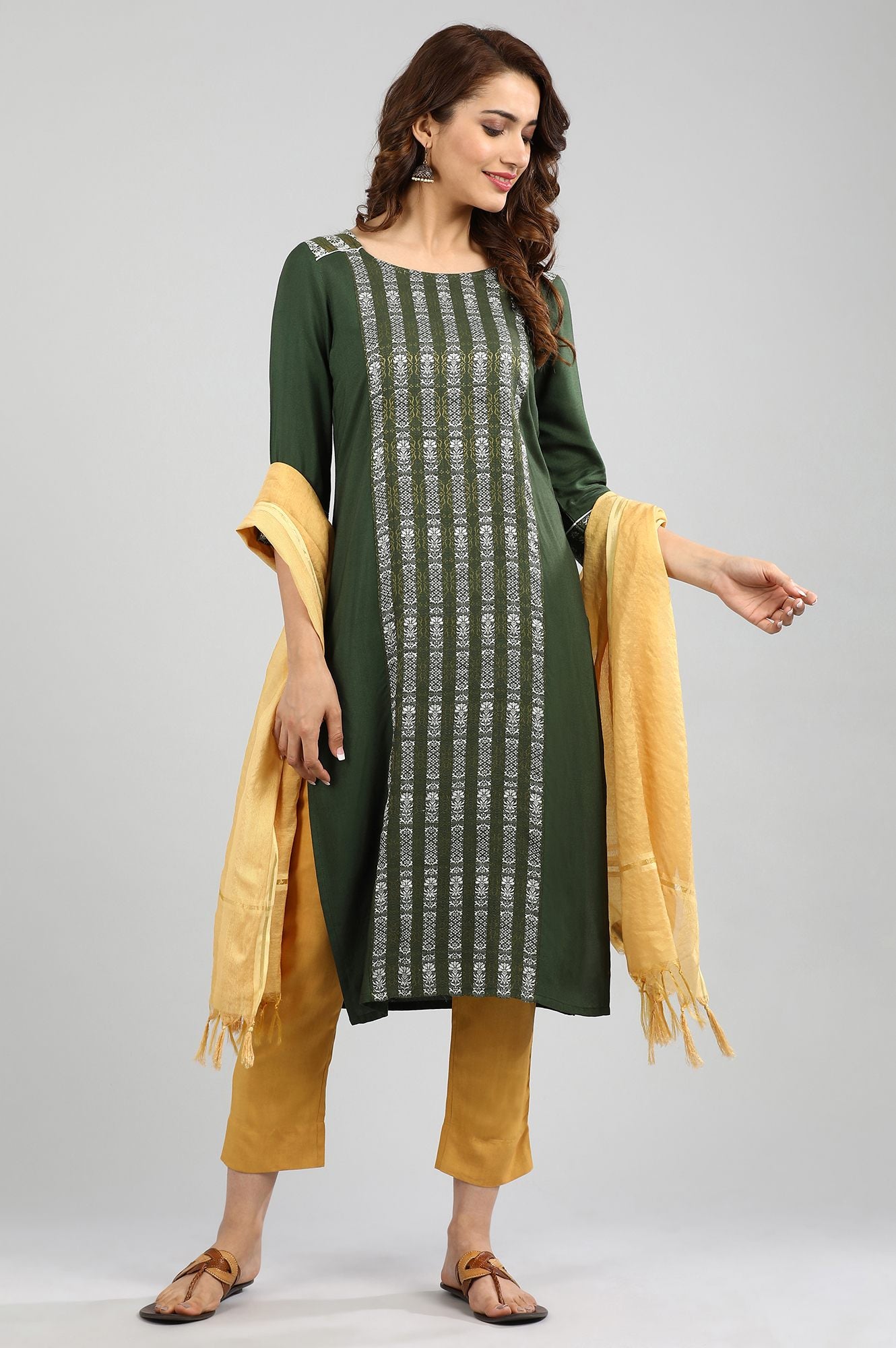 Green Round Neck Yarn-dyed kurta